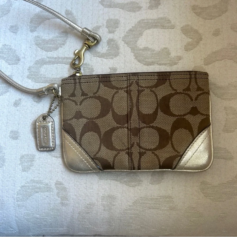 Coach Vintage Tan/Brown Signature Canvas Wristlet with Metallic Gold Trim